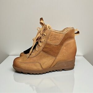 🌻NEW w/Tags Sorel Evie Brown Waterproof Leather Lace Wedge Boot Women’s Size 6